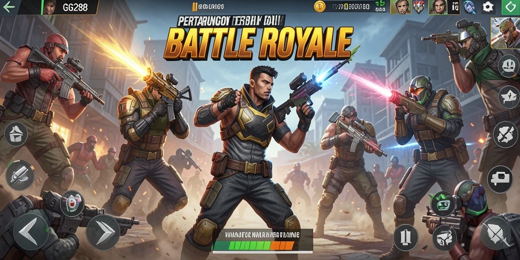 Screenshot gameplay GG288 dengan pertarungan Battle Royale mendebarkan.