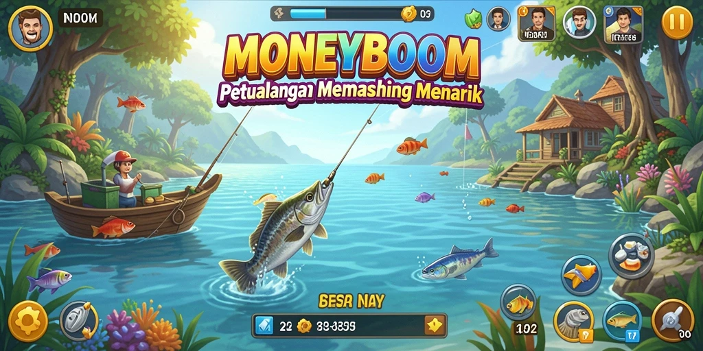 Tampilan gameplay MONEYBOOM dengan aksi memancing yang seru.