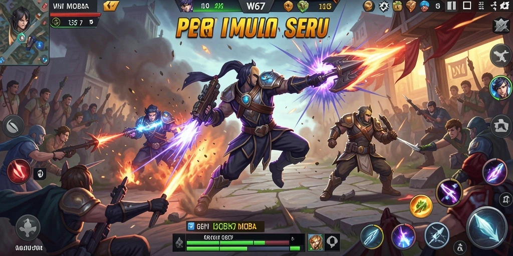 Tampilan gameplay seru W67 saat pertempuran arena MOBA.